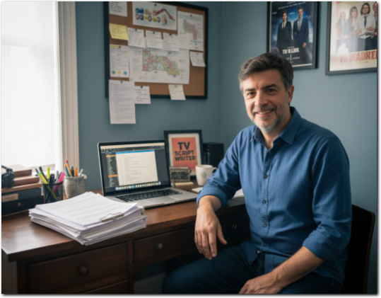 Cuaderno de storyboard y guion sobre escritorio